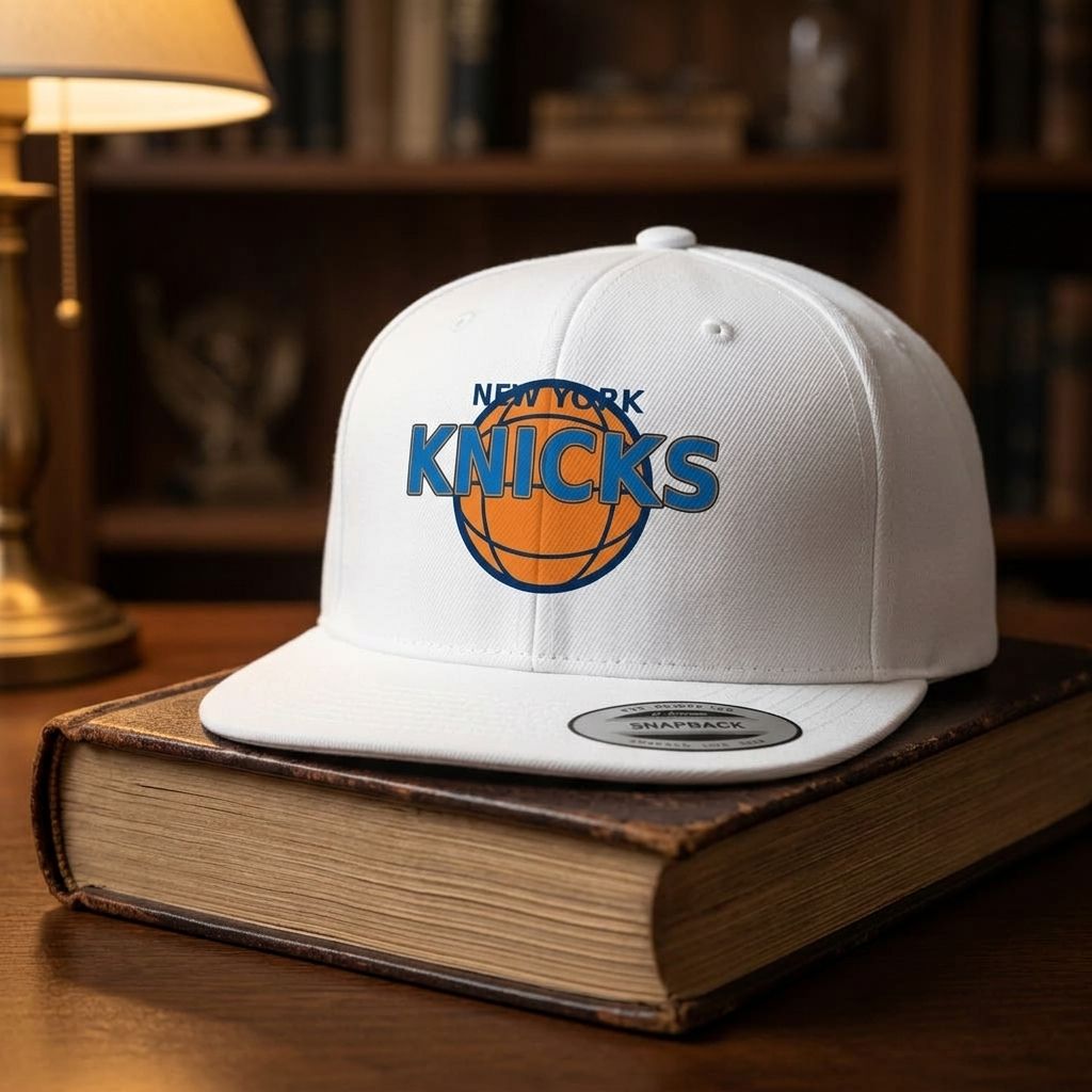 Small NBA New York Knicks snapback hat resting on vintage leather book in a cozy study with warm ambient lighting.