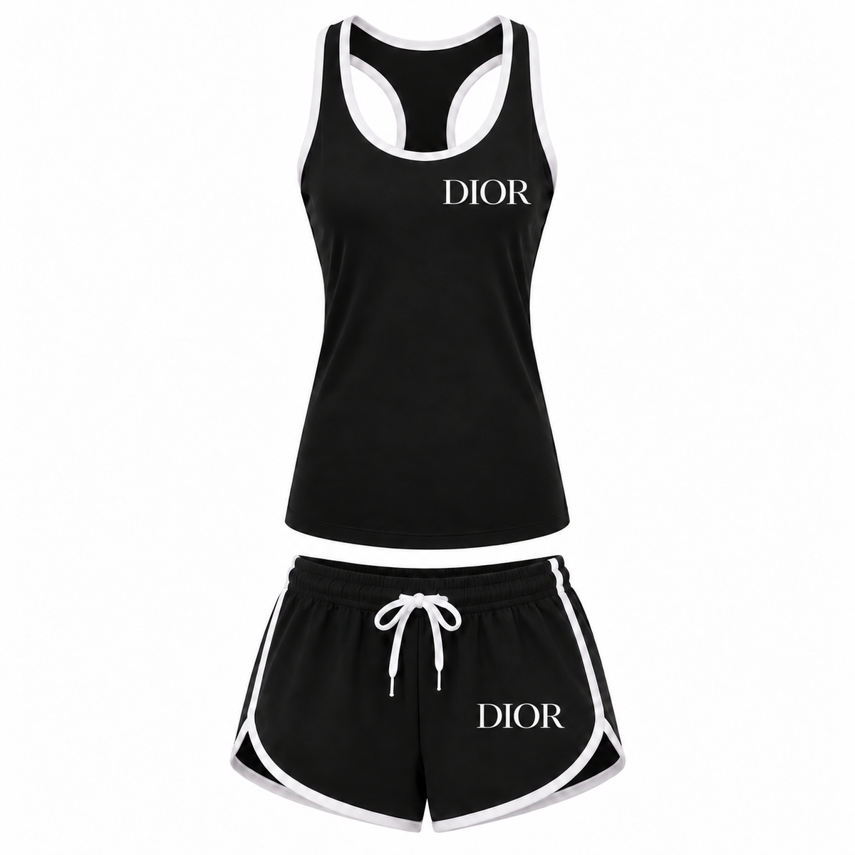 Women's Dior Tank Top and Shorts Set in Black with white DIOR lettering