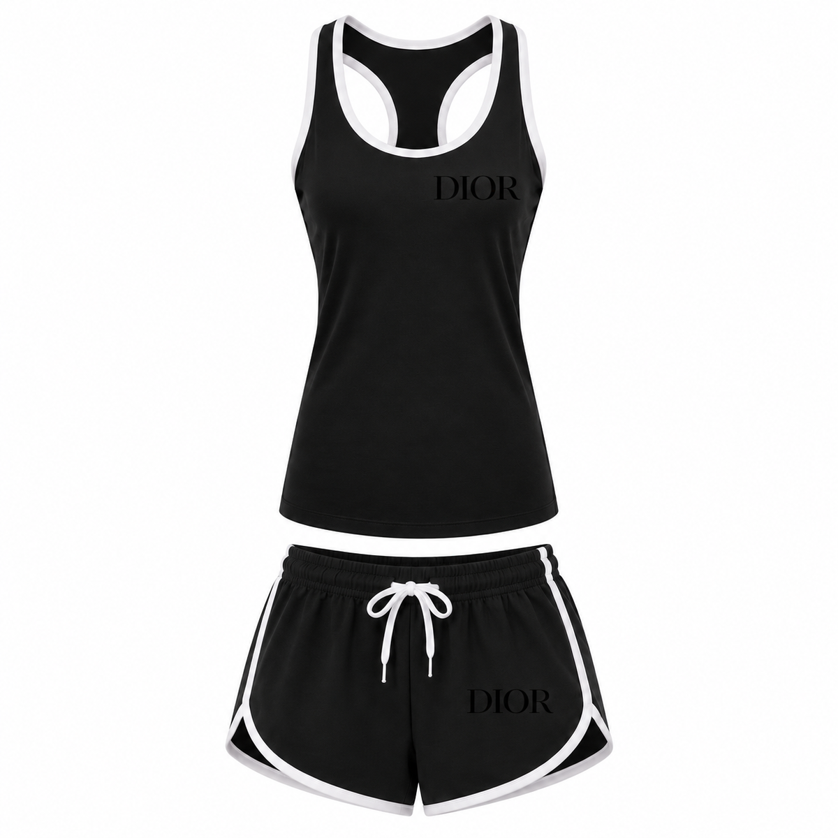 Women's black DIOR design tank top and shorts set, Black