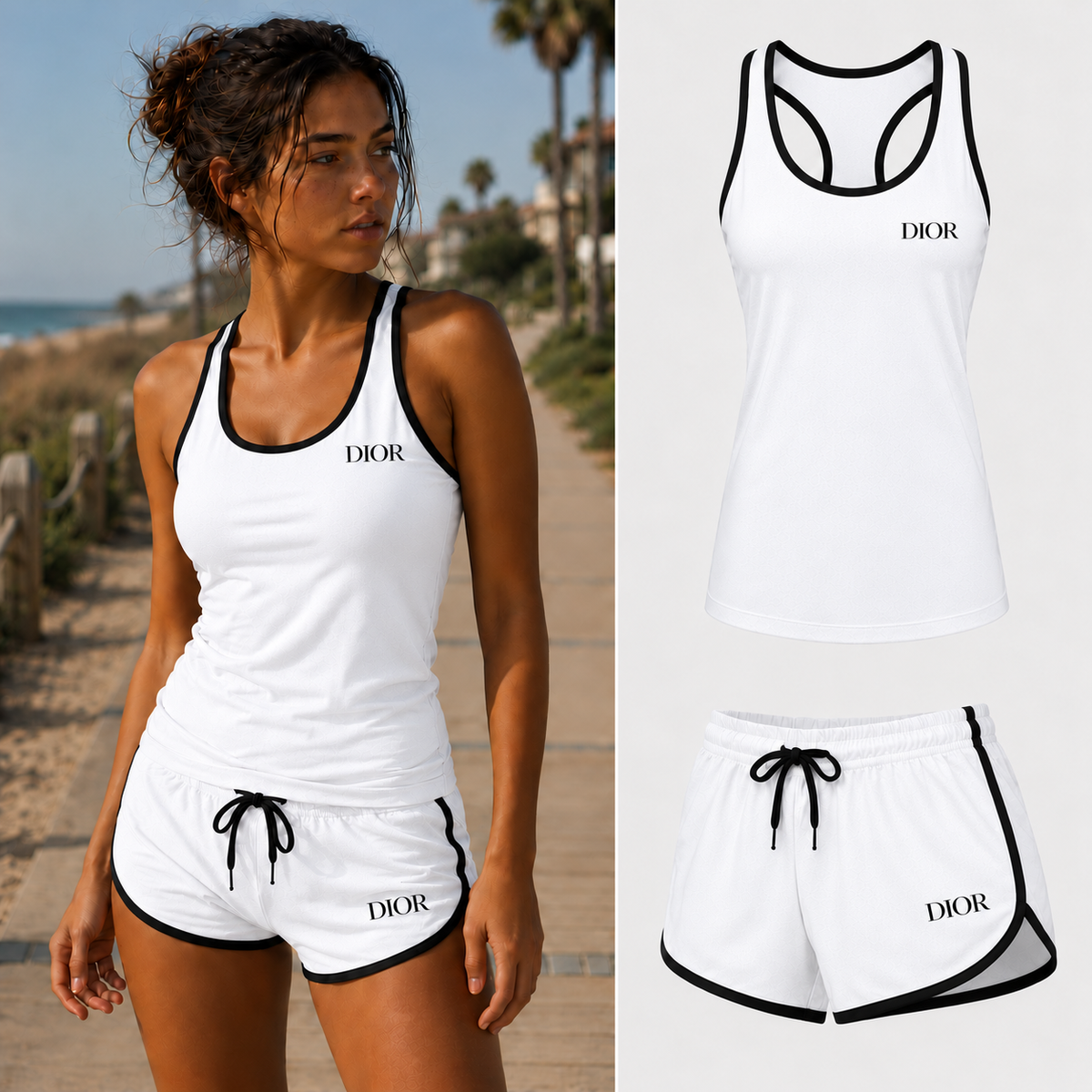 Women's black DIOR design tank top and shorts set, White
