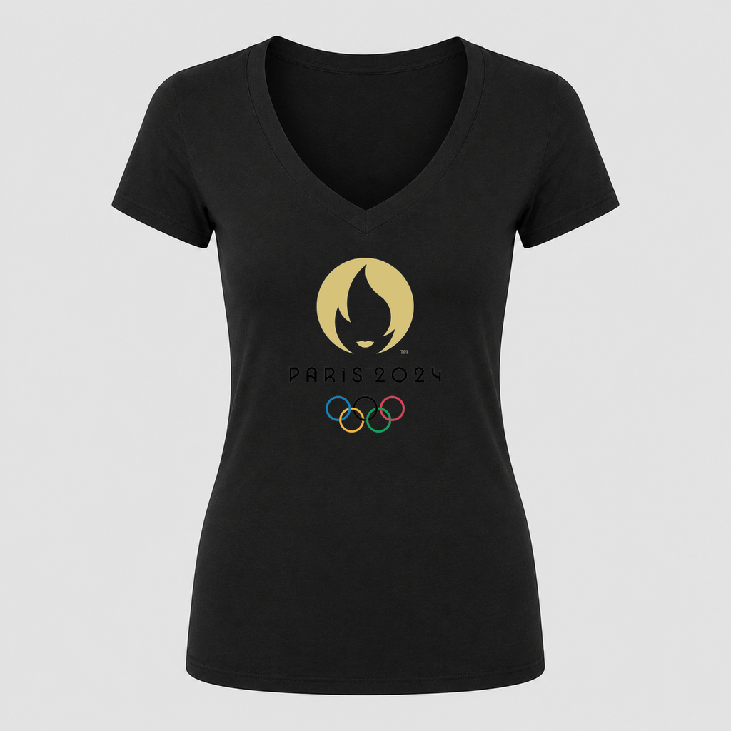 Women's Olympics 2024 Paris Black Design V Neck T-Shirt in black