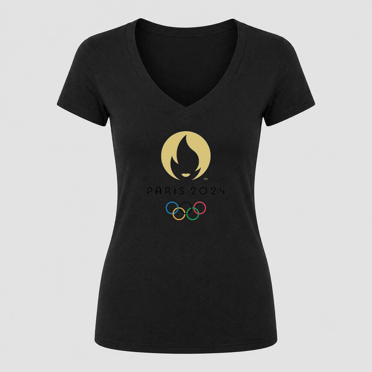 Women's Olympics 2024 Paris Black Design V Neck T-Shirt in black