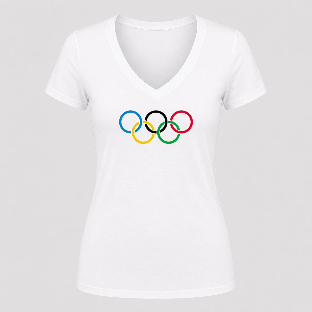 Women's Olympic Rings Black Design V Neck T-Shirt in white