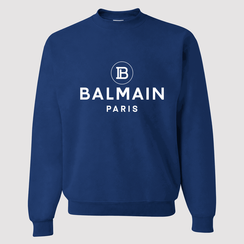 Men's Balmain Paris White Logo Crewneck Sweatshirt - Blue