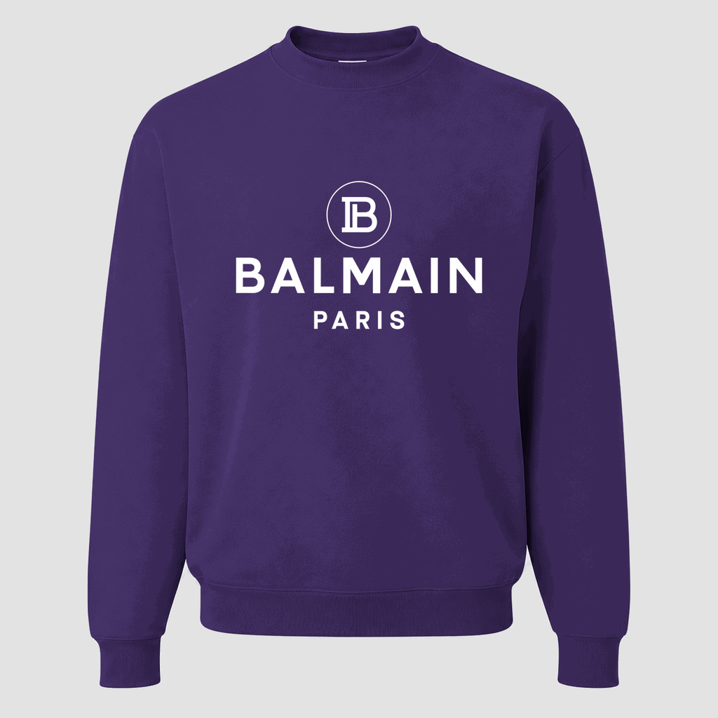 Men's Balmain Paris White Logo Crewneck Sweatshirt - Purple