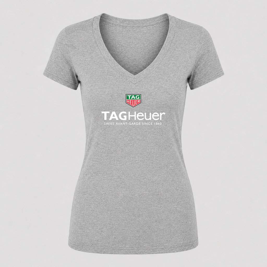 Women's TAG Heuer White Design V Neck T-Shirt in gray