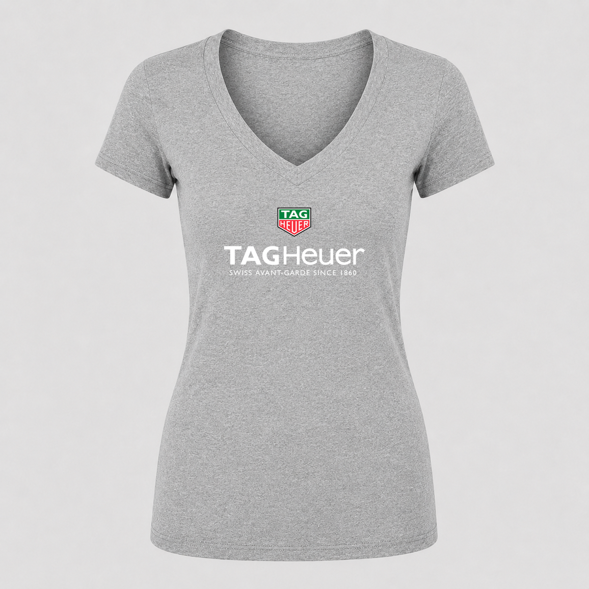 Women's TAG Heuer White Design V Neck T-Shirt in gray