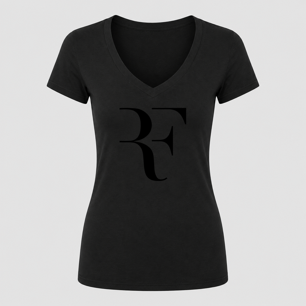 Women's Roger Federer Black Design V Neck T-Shirt in black