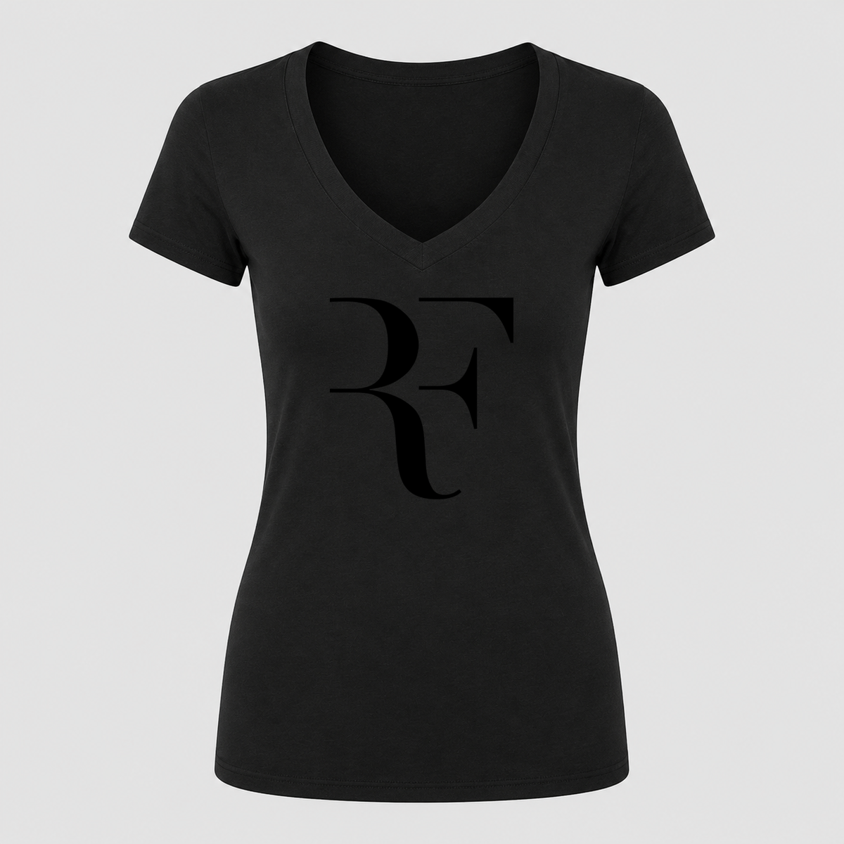 Women's Roger Federer Black Design V Neck T-Shirt in black