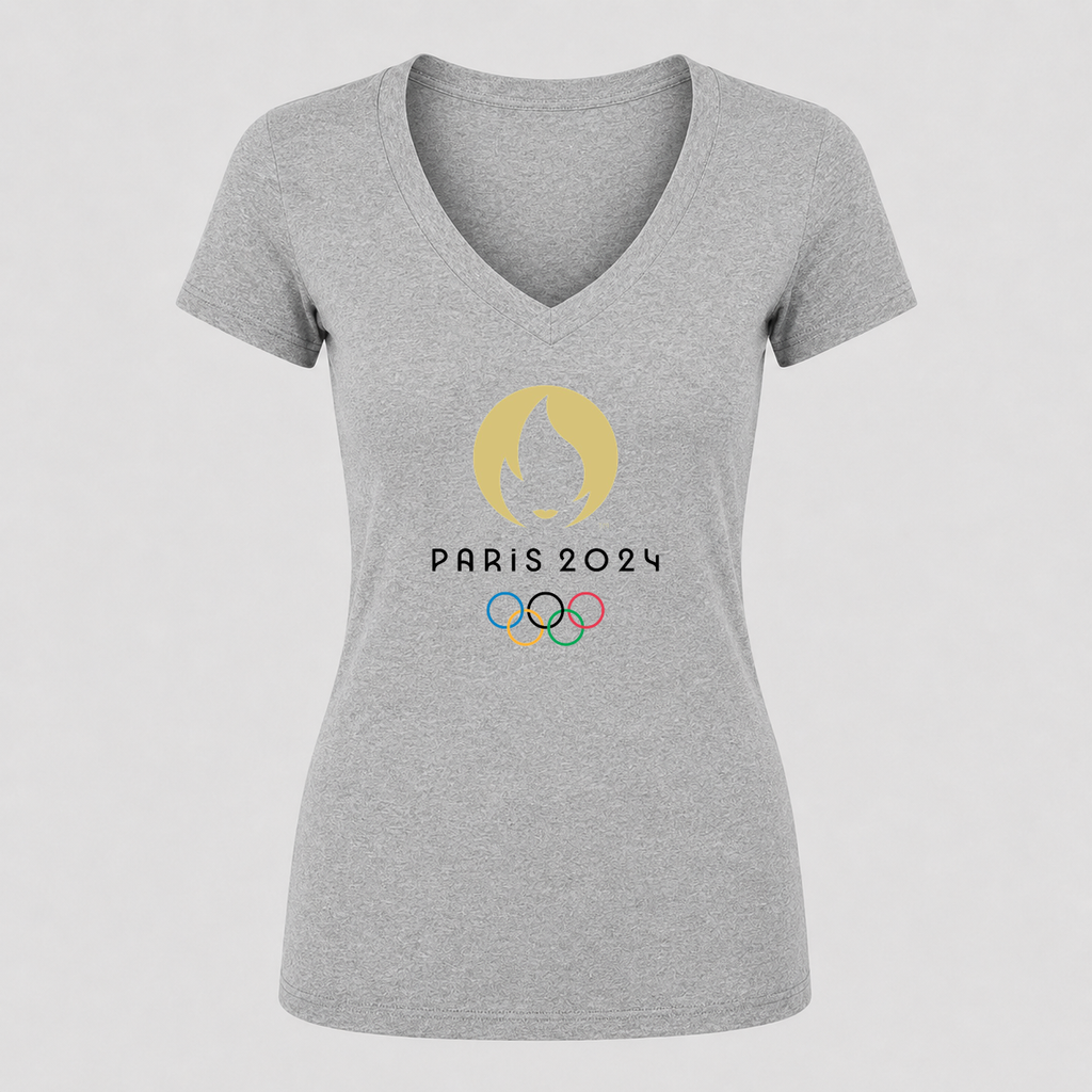 Women's Olympics 2024 Paris Black Design V Neck T-Shirt in gray