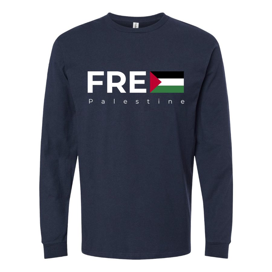 Men's Free Palestine white Long sleeves Cotton Blend T-Shirt - Navy