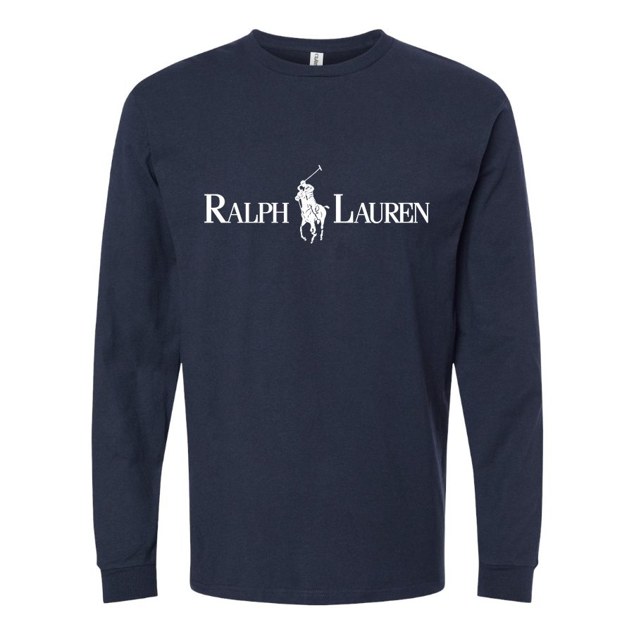 Men's Polo-Ralph-Lauren-Logo- white Long sleeves Cotton Blend T-Shirt - Navy