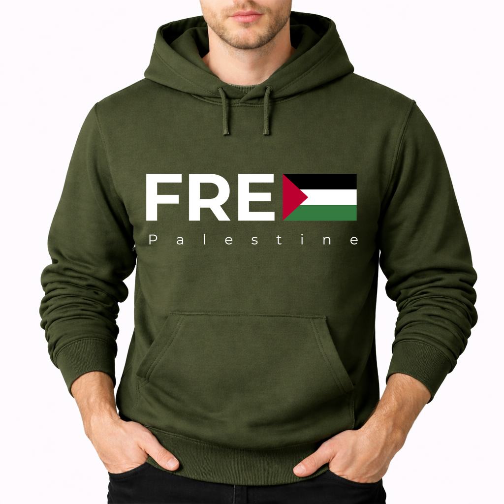 Men's Palestine White Pullover Hoodie - Army Green