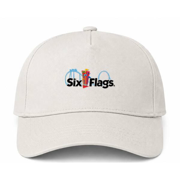 Six Flags Logo Beige Dad Baseball Cap Hat