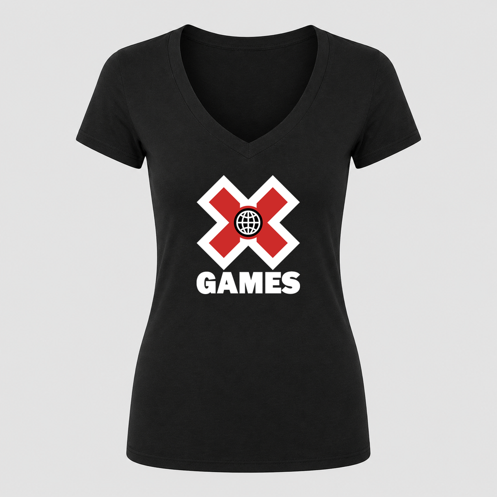 Women's X Games White Design V Neck T-Shirt in black