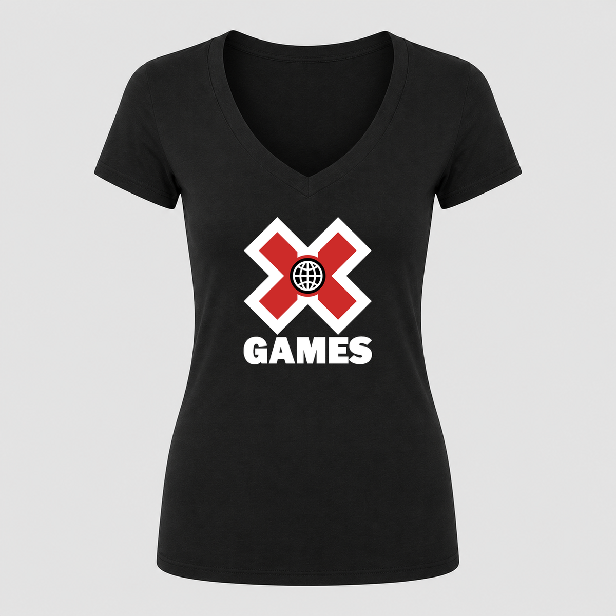 Women's X Games White Design V Neck T-Shirt in black