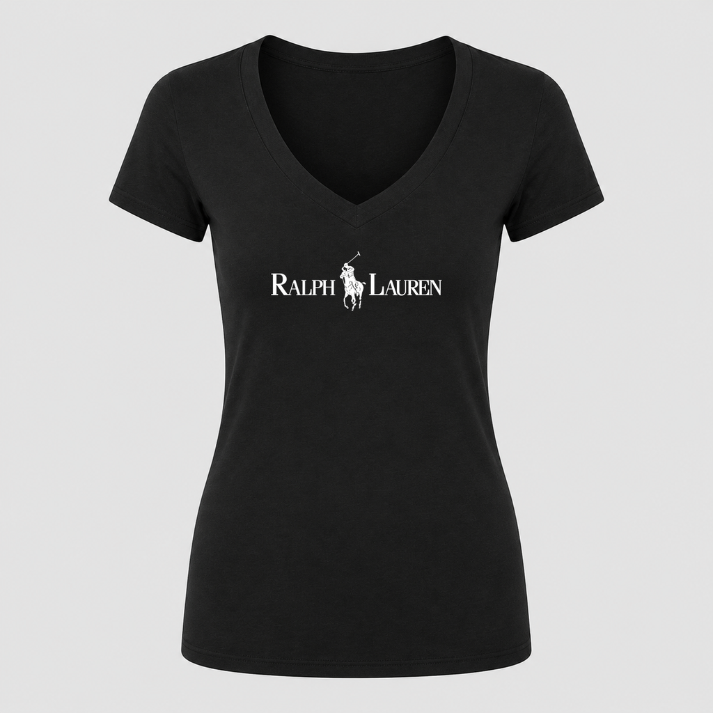 Women's Polo Ralph Lauren White Design V Neck T-Shirt in black