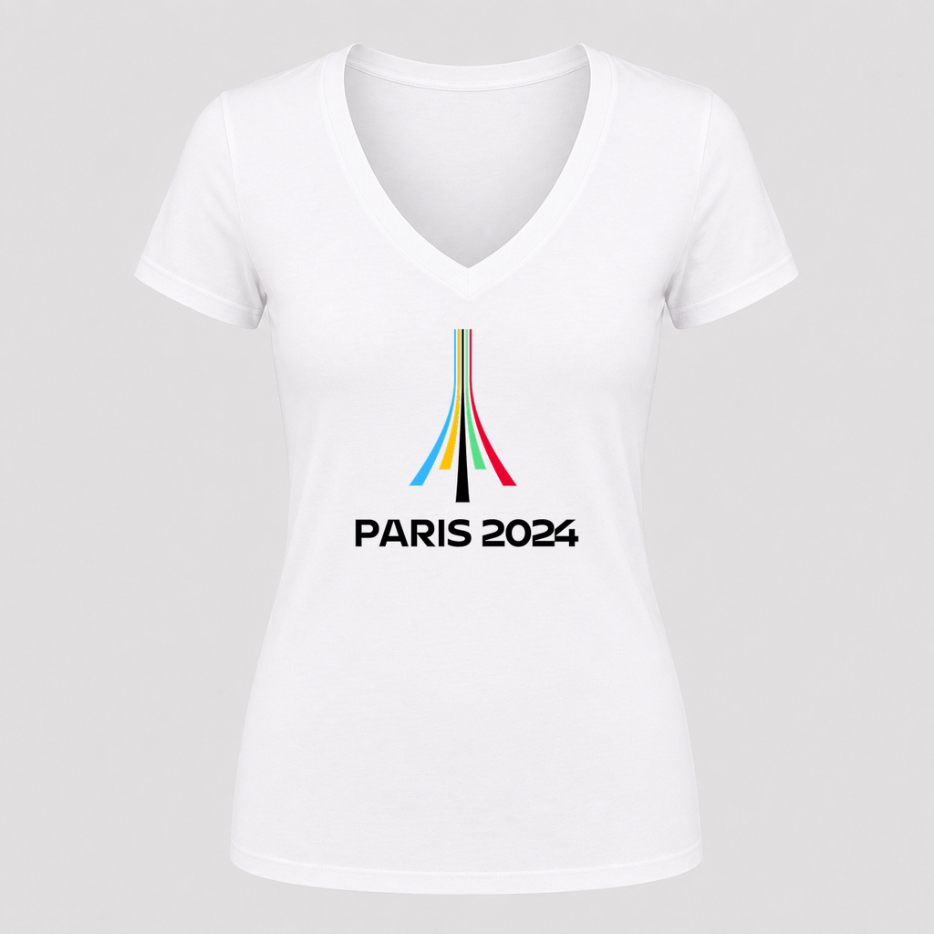 Women's Paris 2024 Olympics Black Design V Neck T-Shirt in white