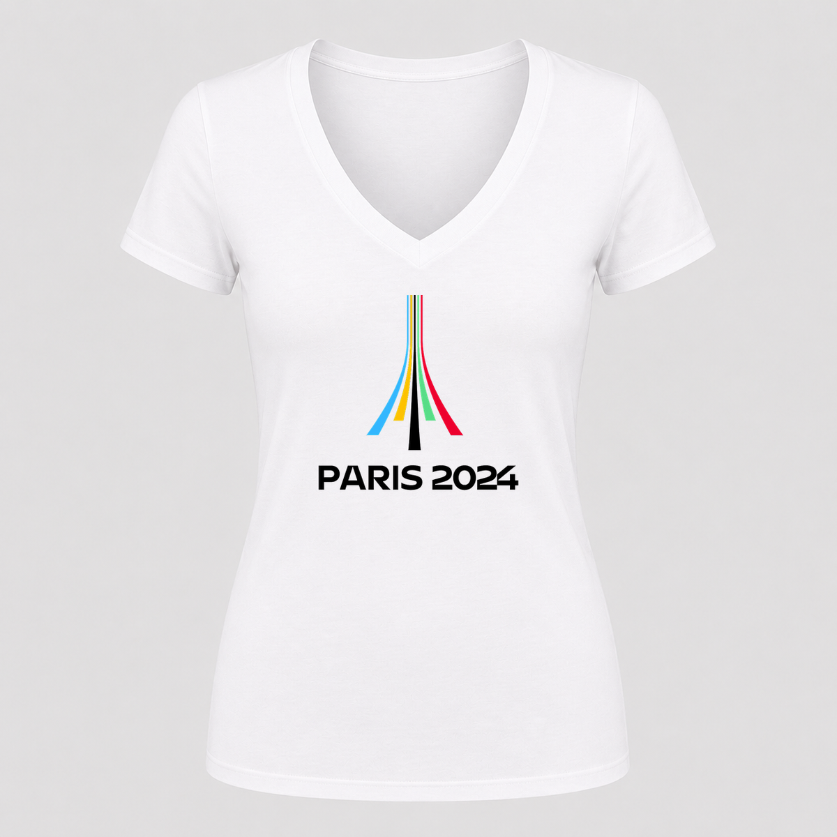 Women's Paris 2024 Olympics Black Design V Neck T-Shirt in white
