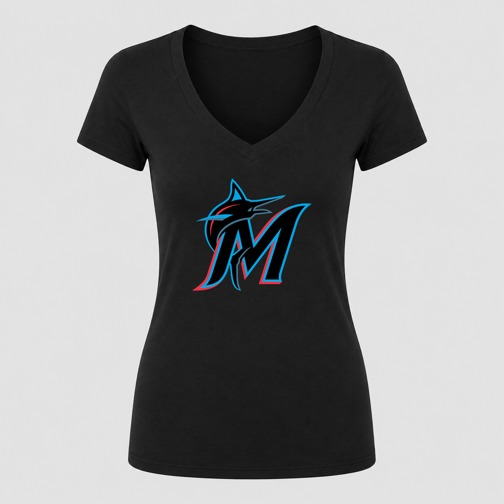 Women's Miami Marlins V Neck T-Shirt in black