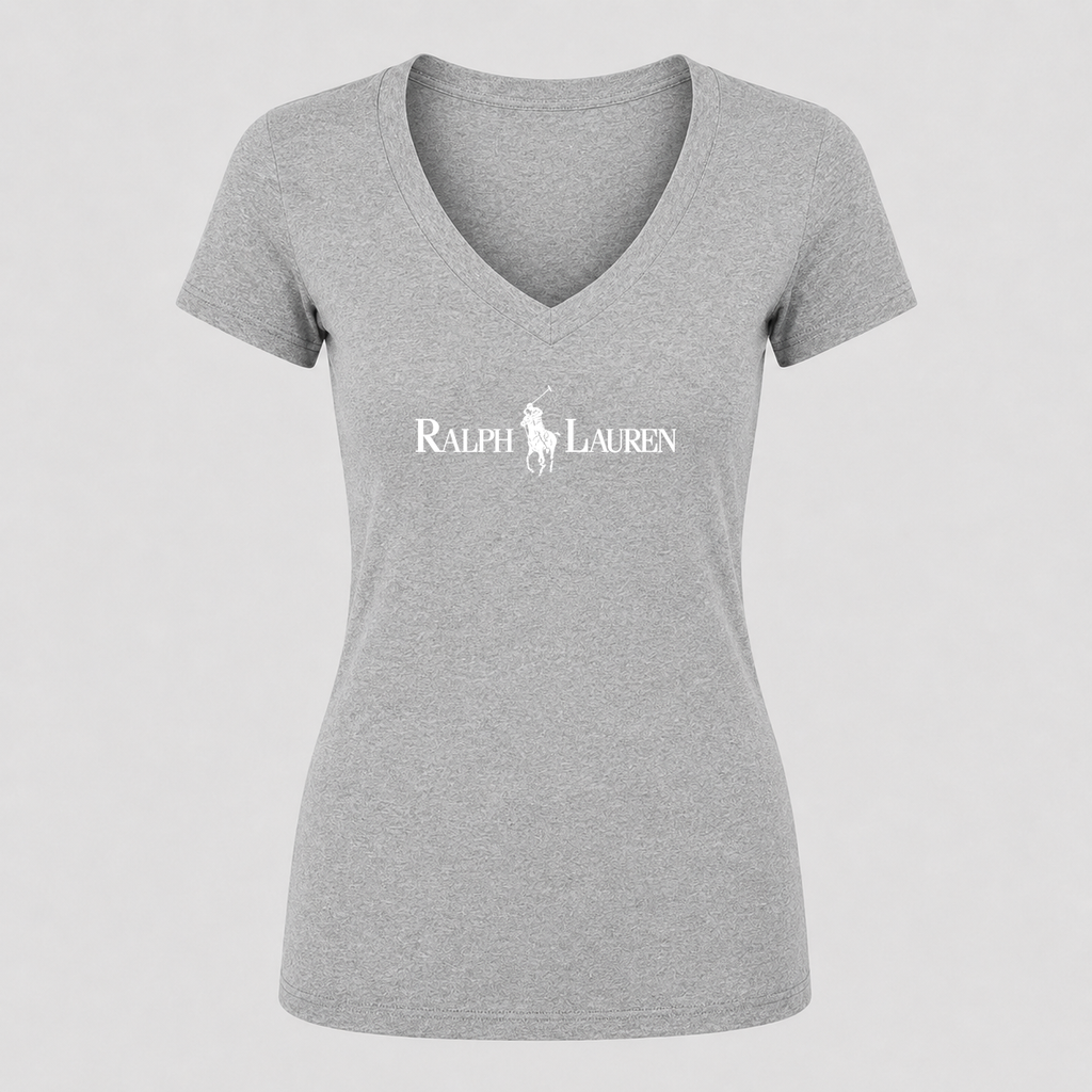 Women's Polo Ralph Lauren White Design V Neck T-Shirt in gray