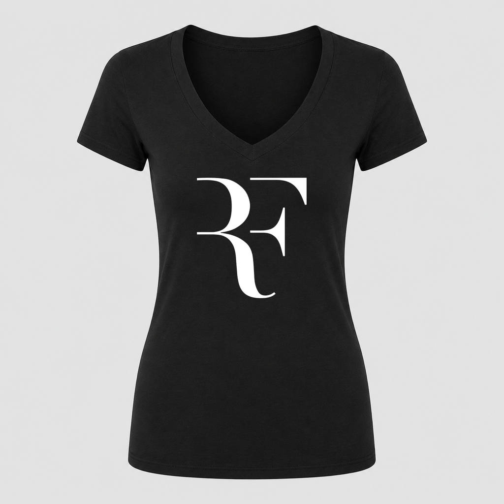 Women's Roger Federer White Design V Neck T-Shirt in black