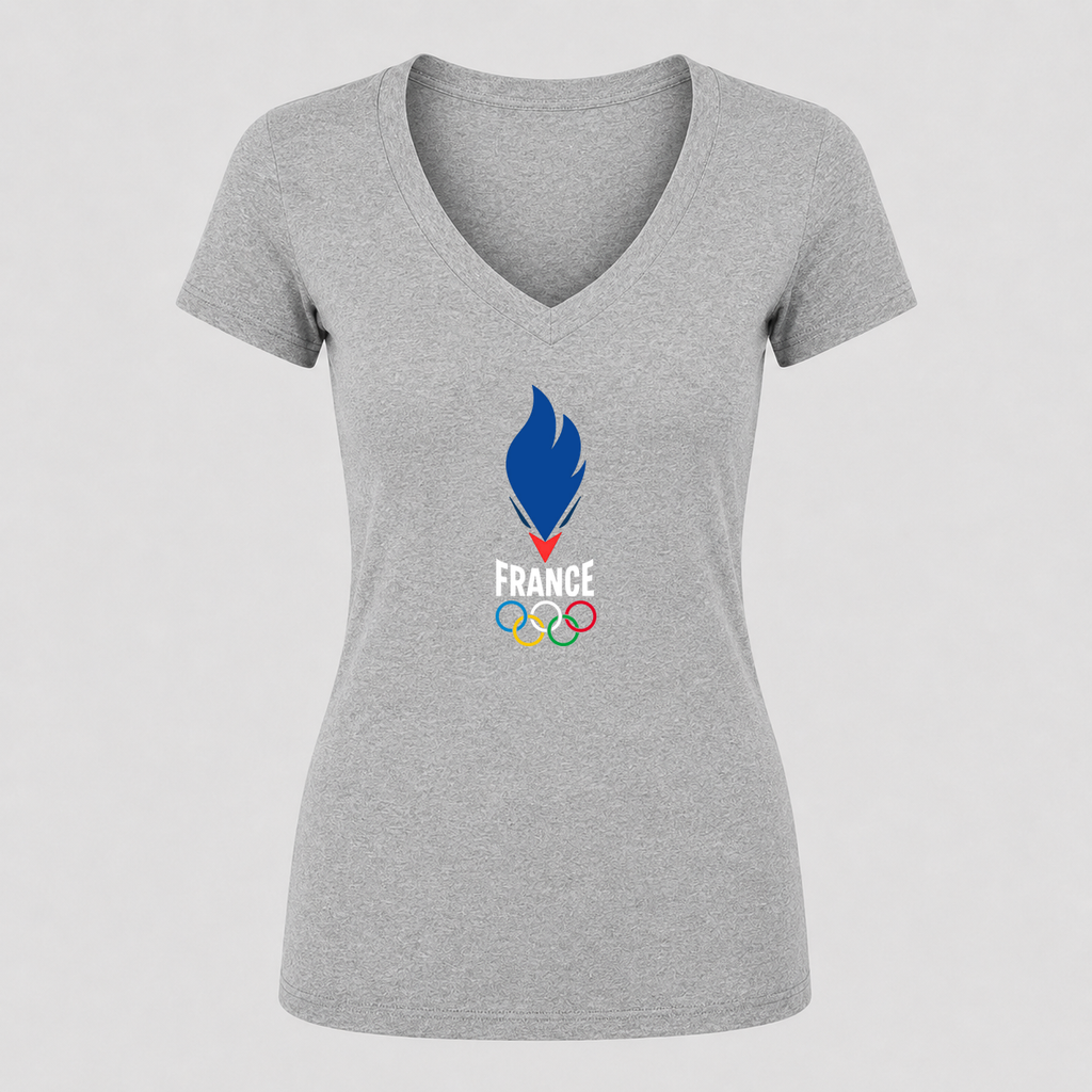 Women's France 2024 White Design V Neck T-Shirt in gray