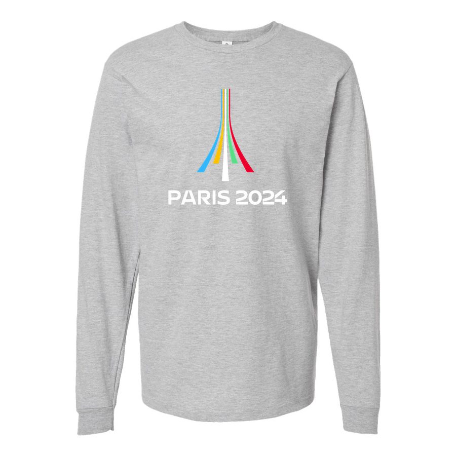 Men's Paris-2024-Olympics-logo-white Long sleeves Cotton Blend T-Shirt - Gray