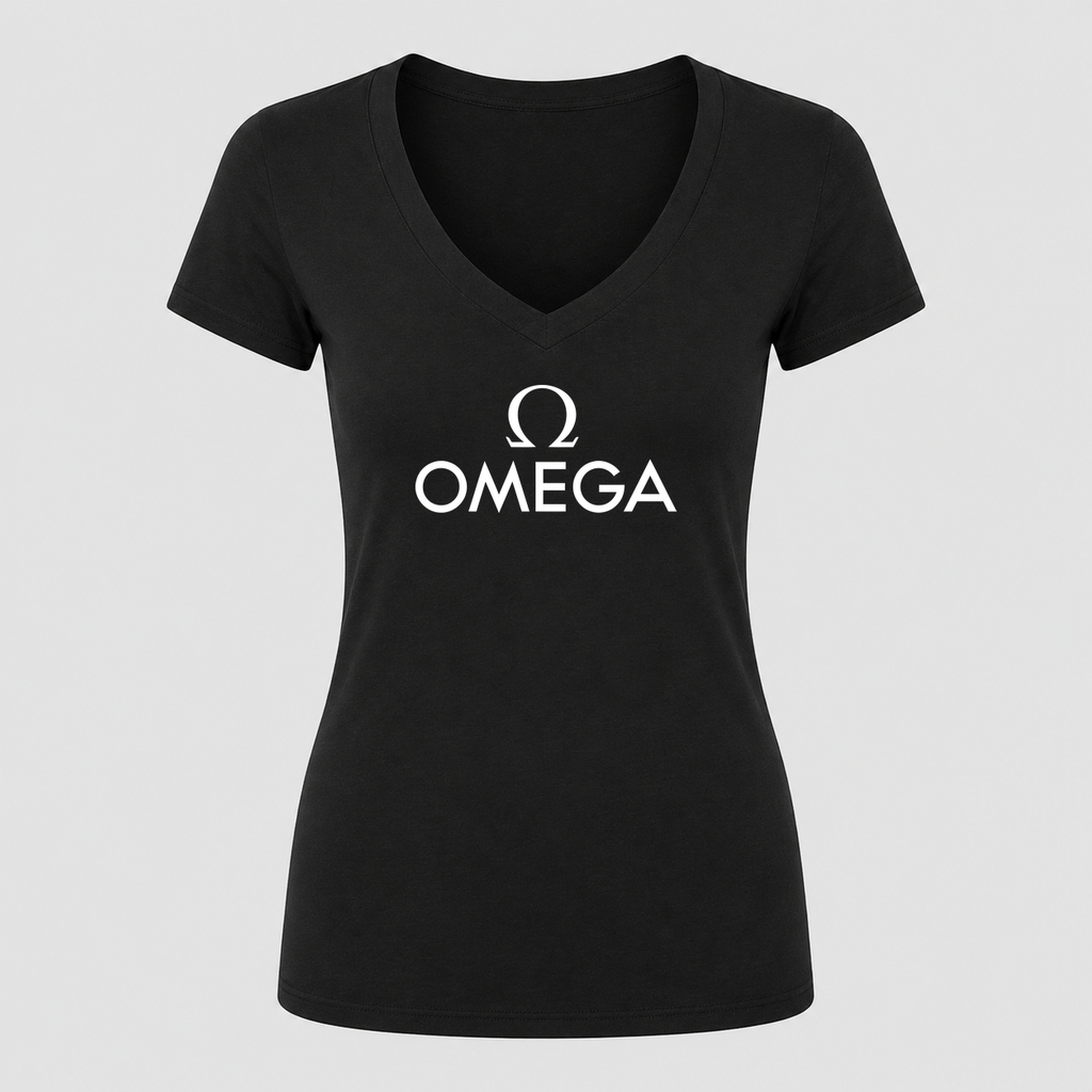 Women's Omega White Design V Neck T-Shirt in black