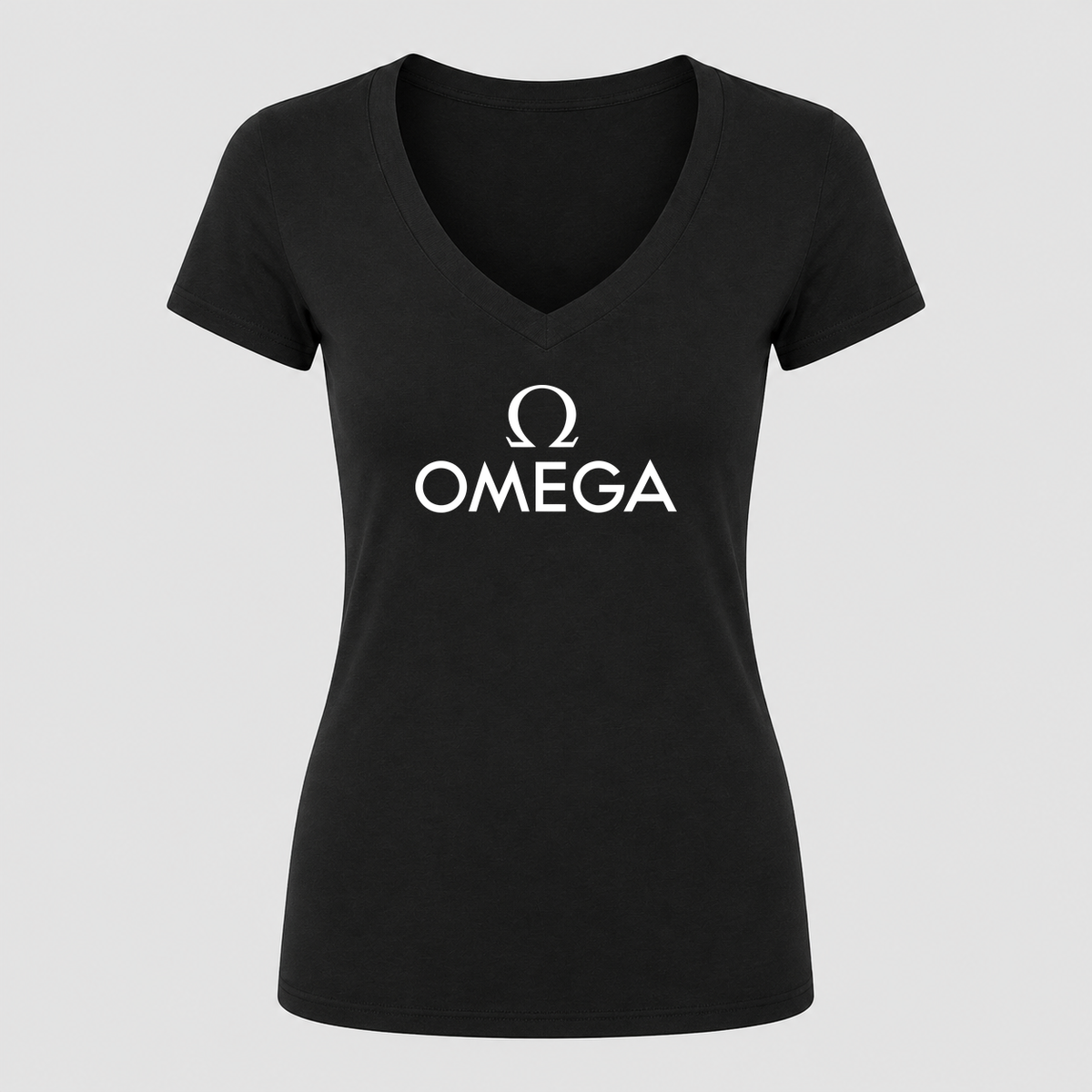 Women's Omega White Design V Neck T-Shirt in black
