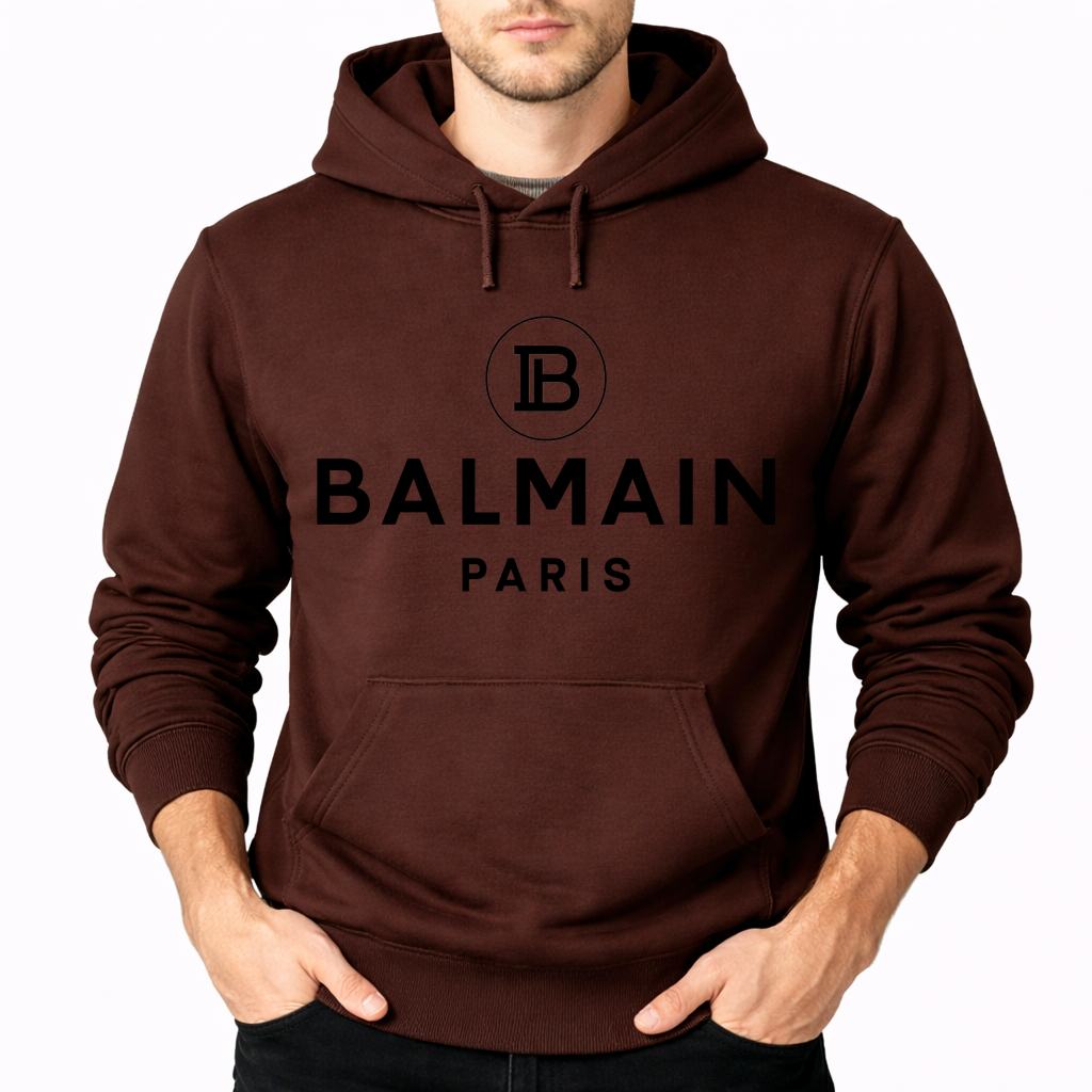 Men's Balmain Paris Pullover Hoodie - Brown