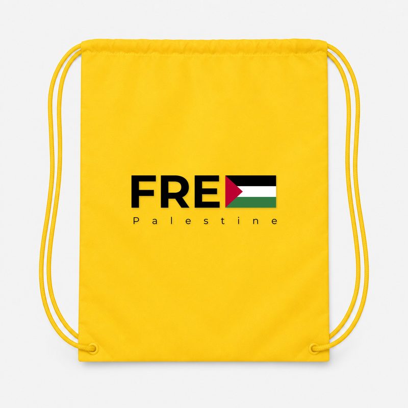 Free Palestine Black Drawstring Bag - Yellow