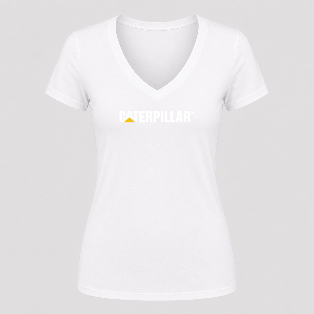 Women's Caterpillar White Design V Neck T-Shirt in white