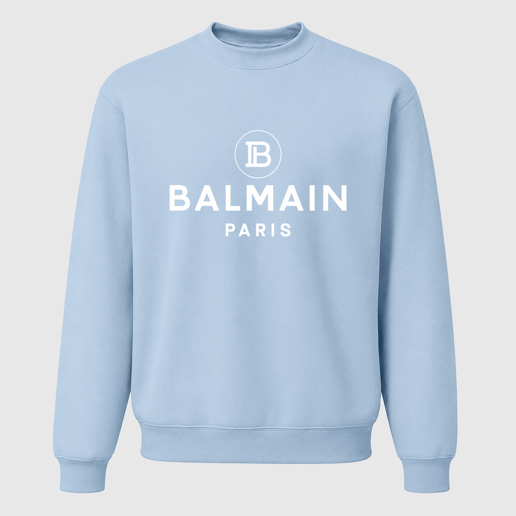 Men's Balmain Paris White Logo Crewneck Sweatshirt - Sky Blue