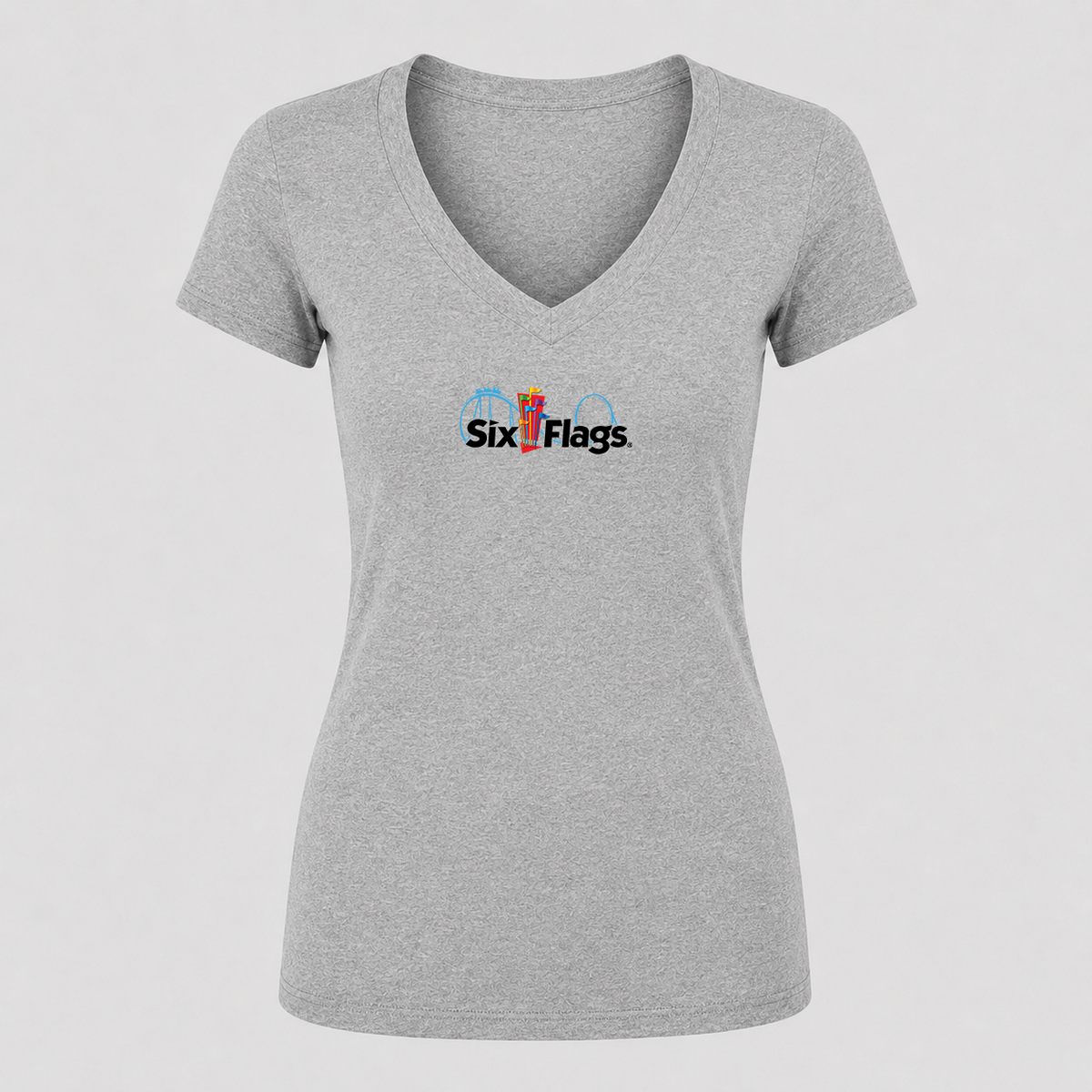 Women's Six Flags V Neck T-Shirt in gray