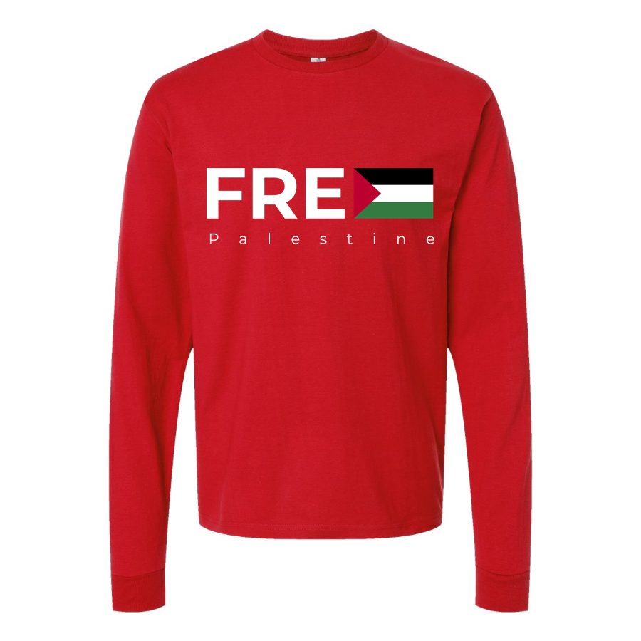 Men's Free Palestine white Long sleeves Cotton Blend T-Shirt - Red