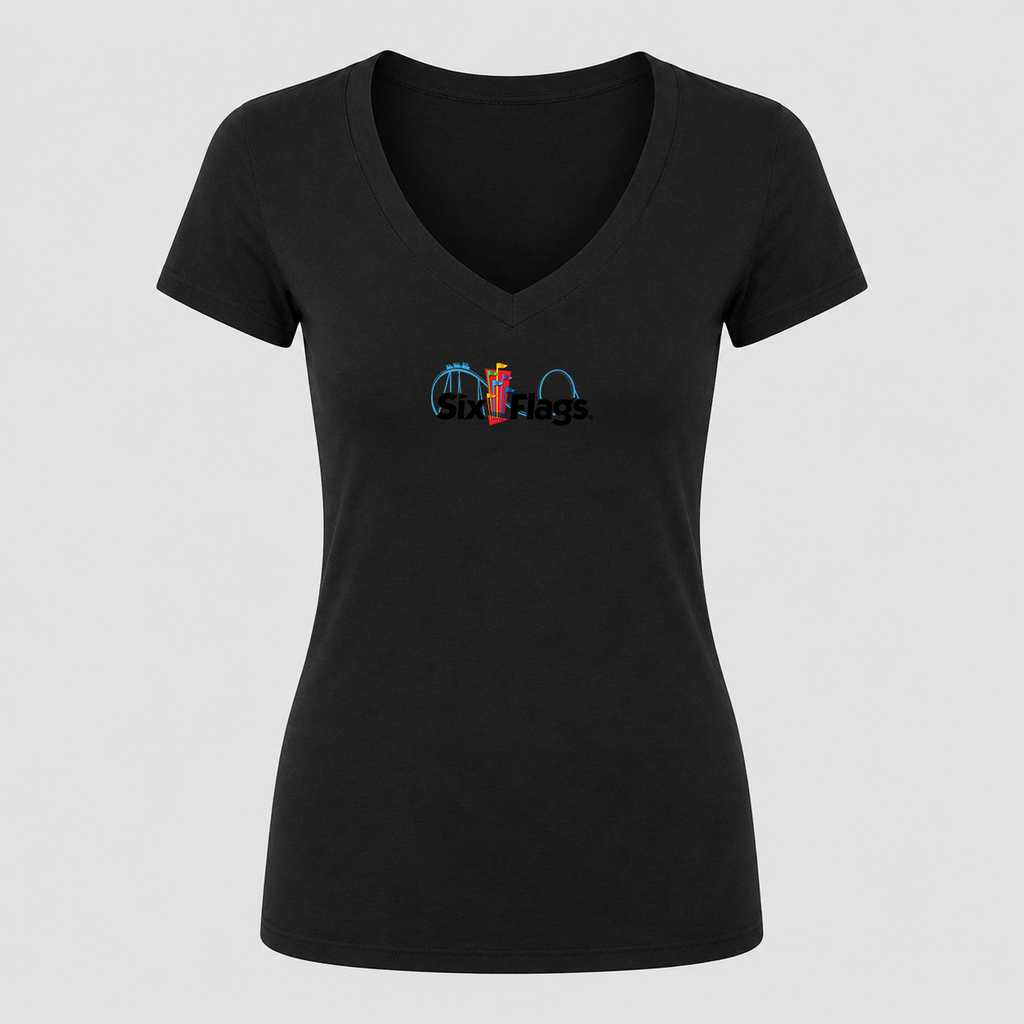 Women's Six Flags V Neck T-Shirt in black