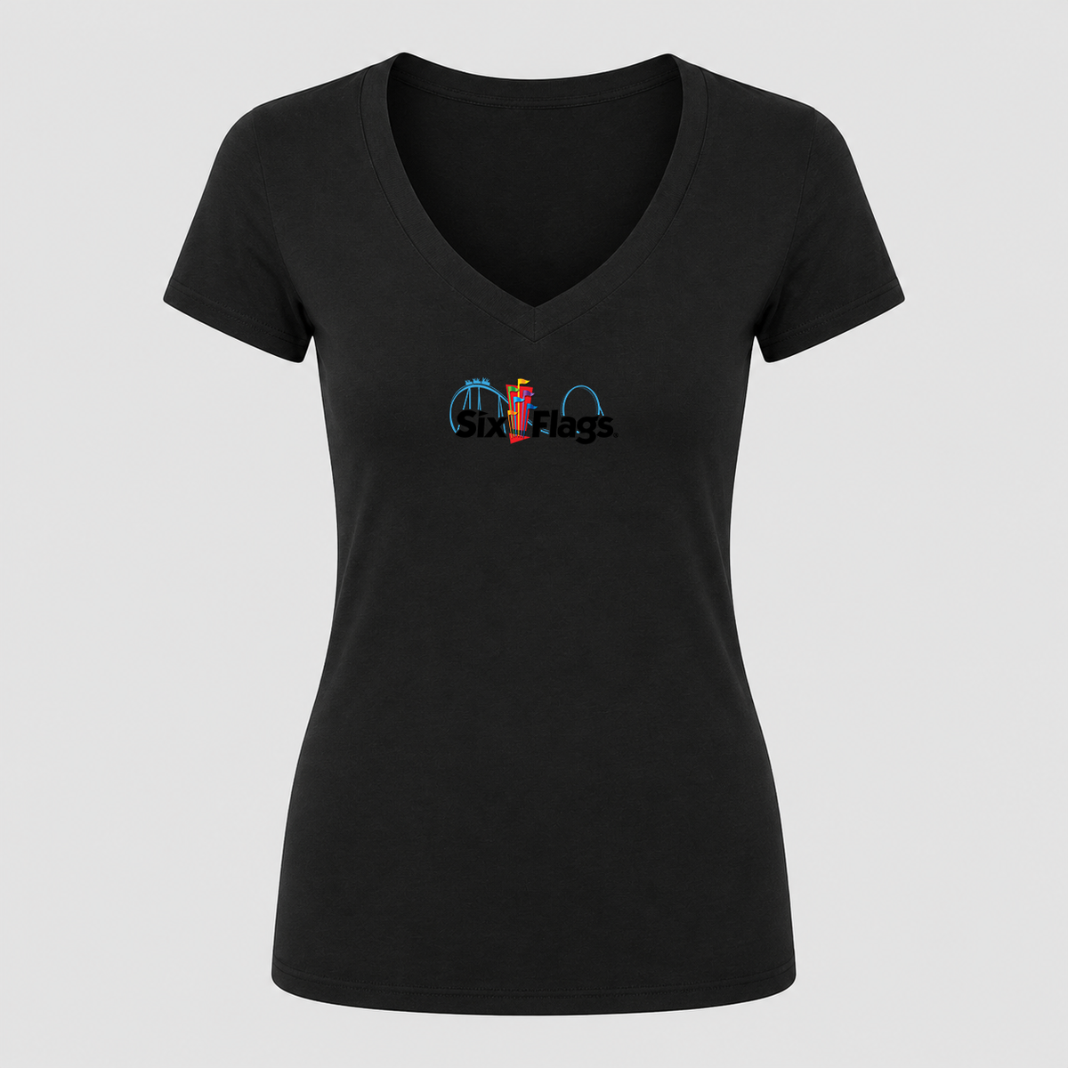 Women's Six Flags V Neck T-Shirt in black