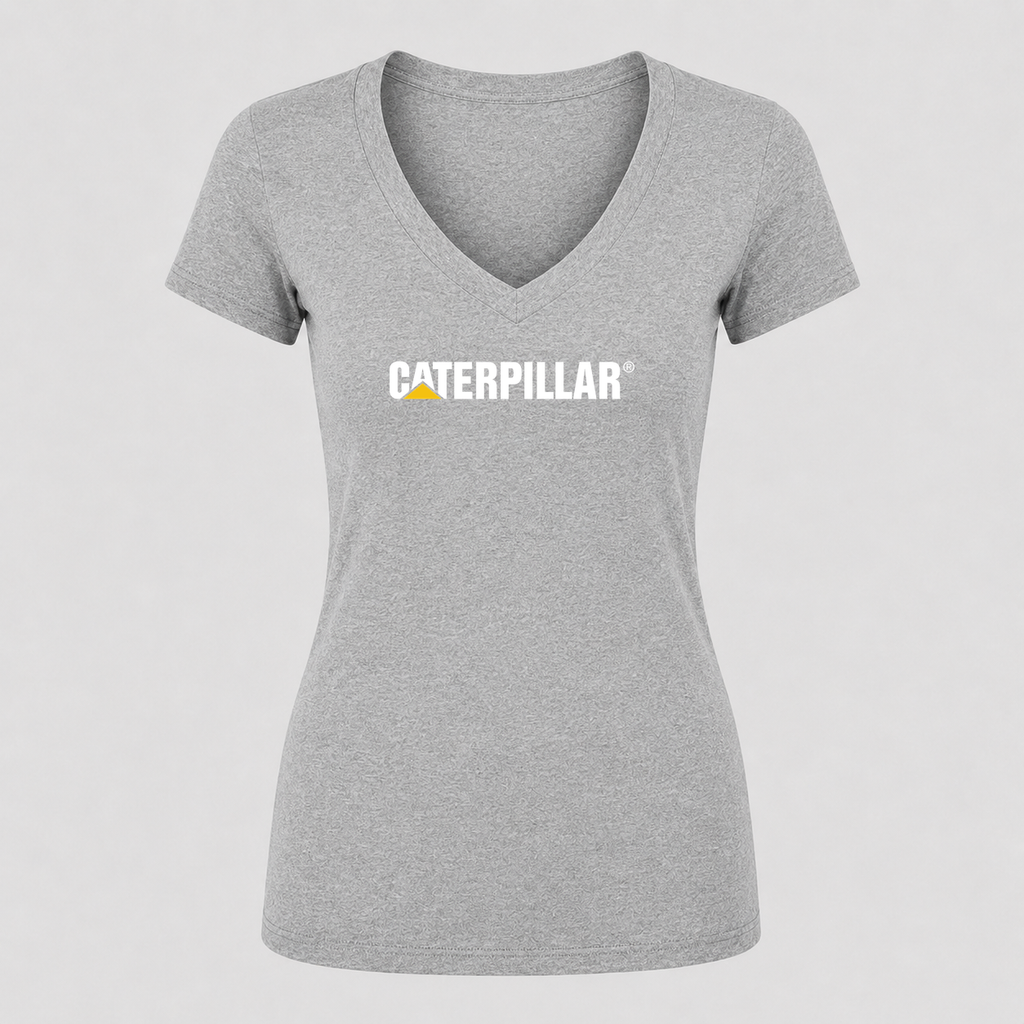 Women's Caterpillar White Design V Neck T-Shirt in gray