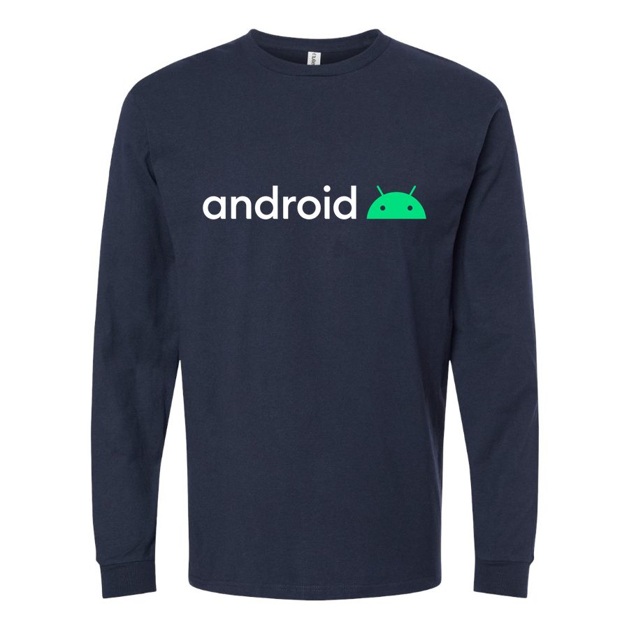 Men's Android-Logo White Long sleeves Cotton Blend T-Shirt - Navy