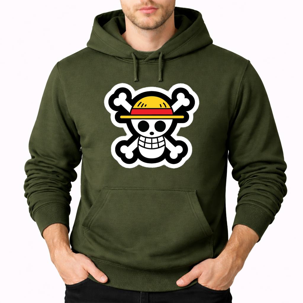 Men's Straw Hat Luffy Pullover Hoodie - Army Green