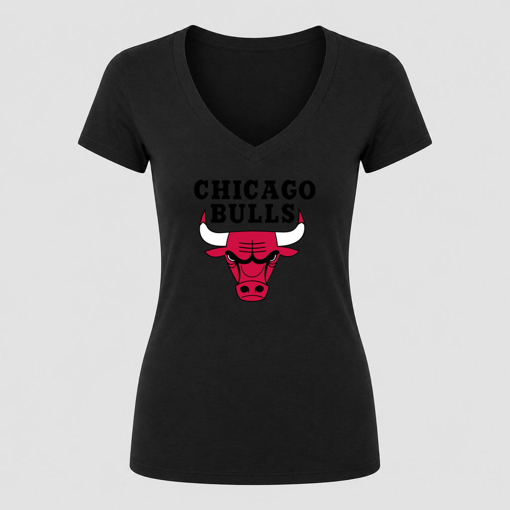 Women's Chicago bulls Black Design V Neck T-Shirt in black