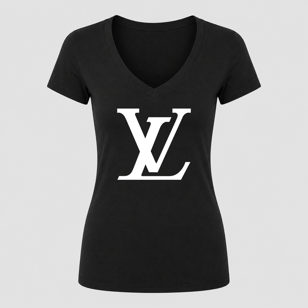 Women's Louis Vuitton White Design V Neck T-Shirt in black