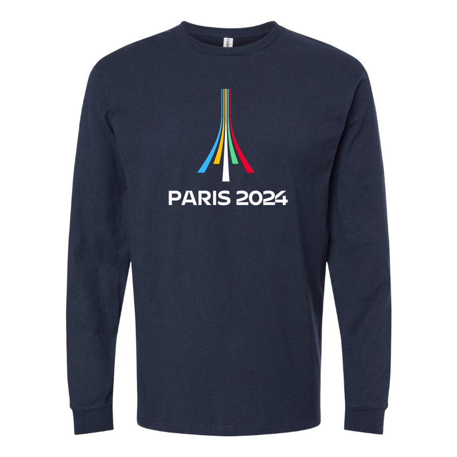 Men's Paris-2024-Olympics-logo-white Long sleeves Cotton Blend T-Shirt - Navy