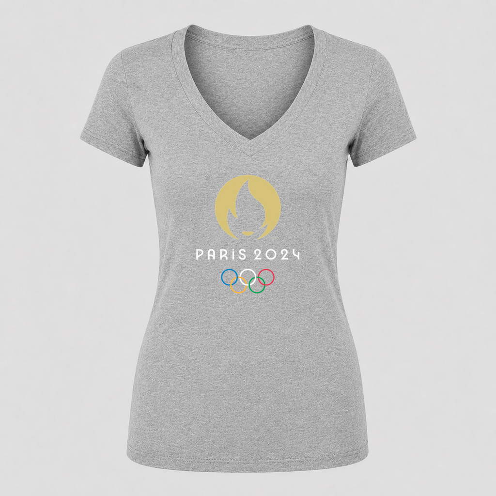 Women's Olympics 2024 Paris White Design V Neck T-Shirt in gray