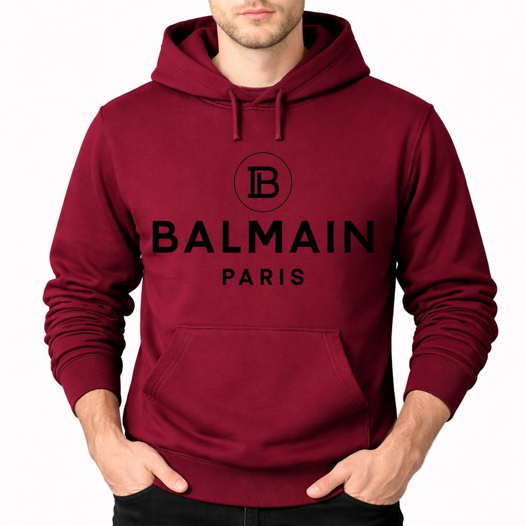 Men's Balmain Paris Pullover Hoodie - Burgundy