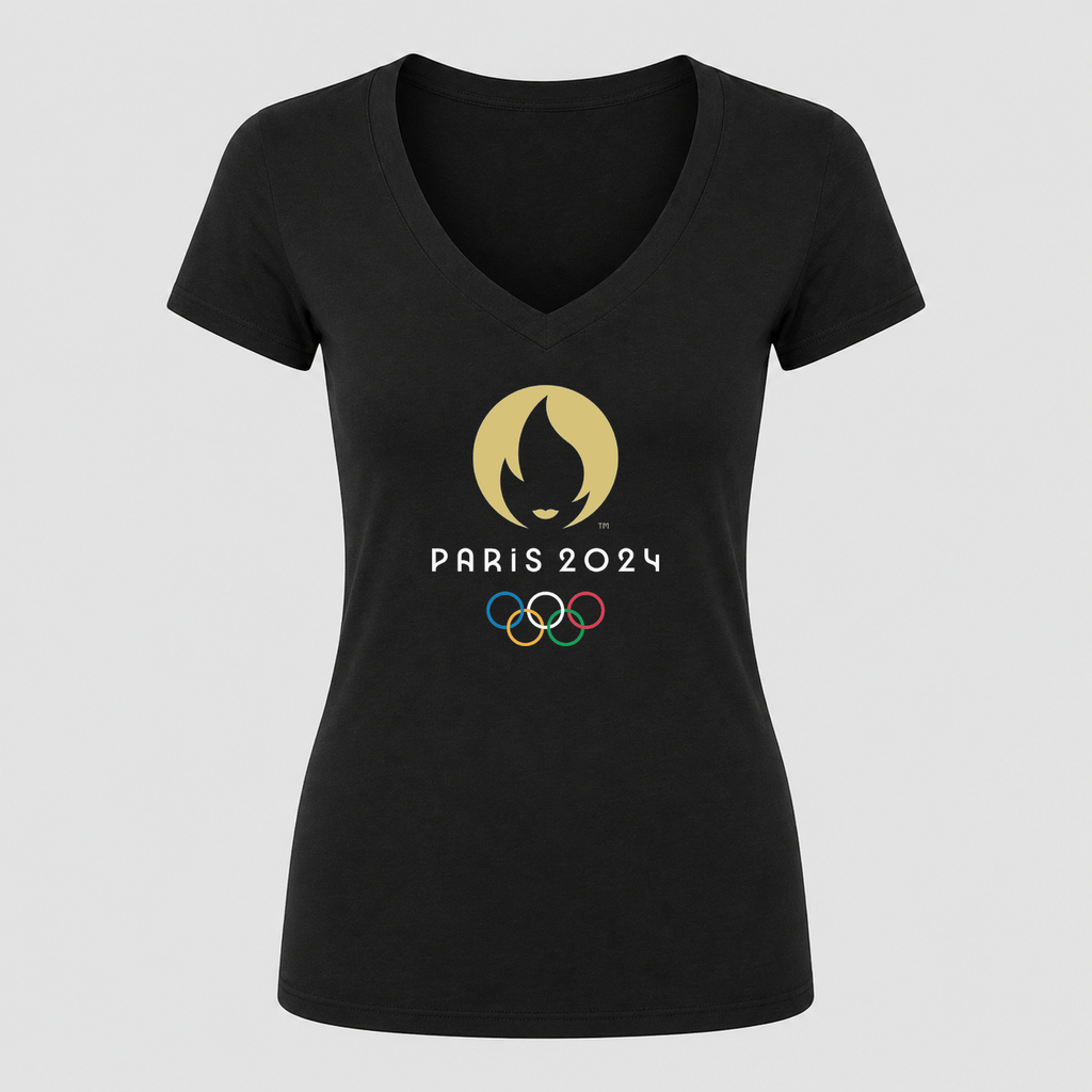 Women's Olympics 2024 Paris White Design V Neck T-Shirt in black