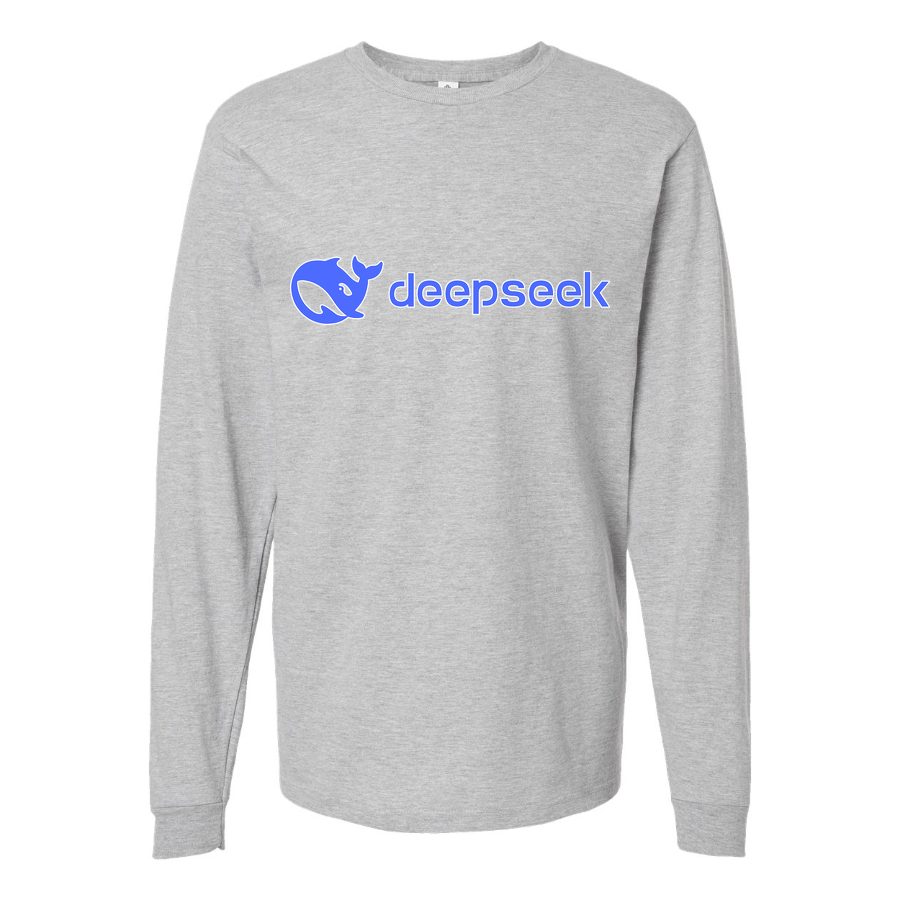 Men's DeepSeek-Logo Long sleeves Cotton Blend T-Shirt - Gray