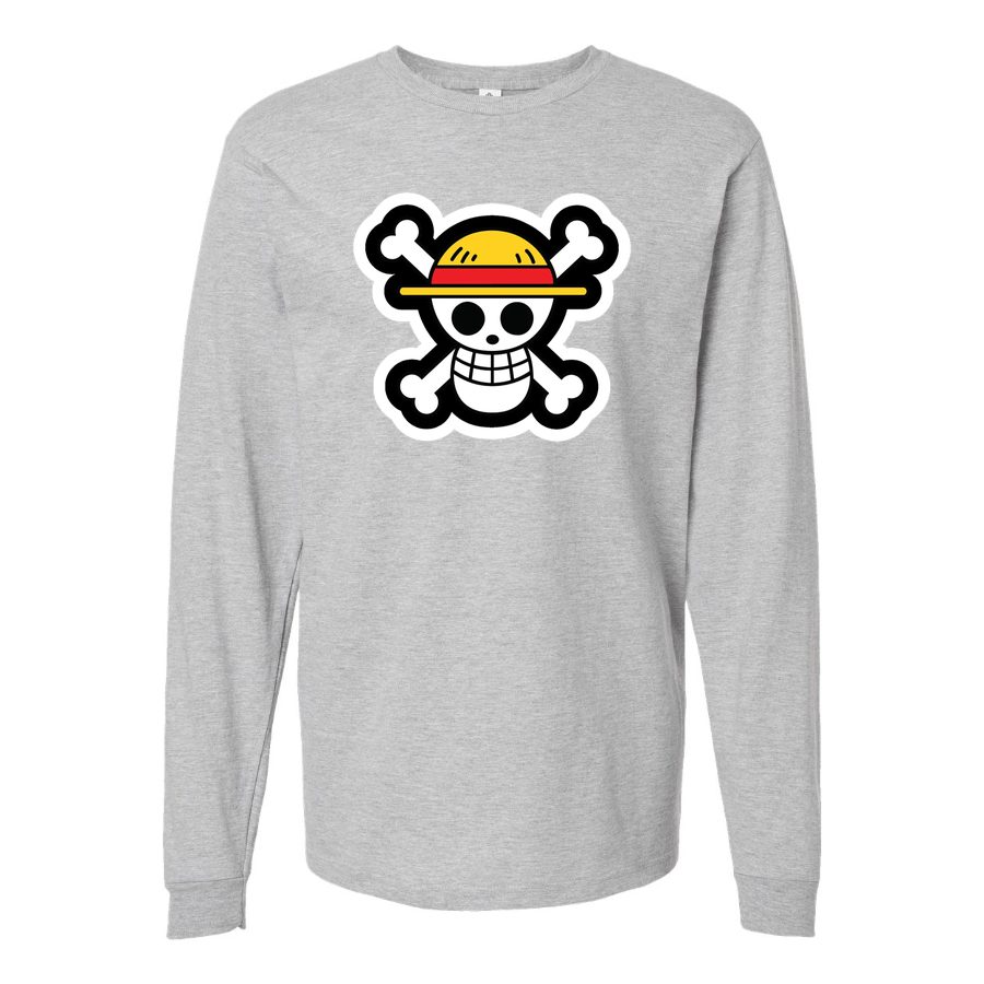 Men's StrawHat Luffy Cartoon Long sleeves Cotton Blend T-Shirt - Gray