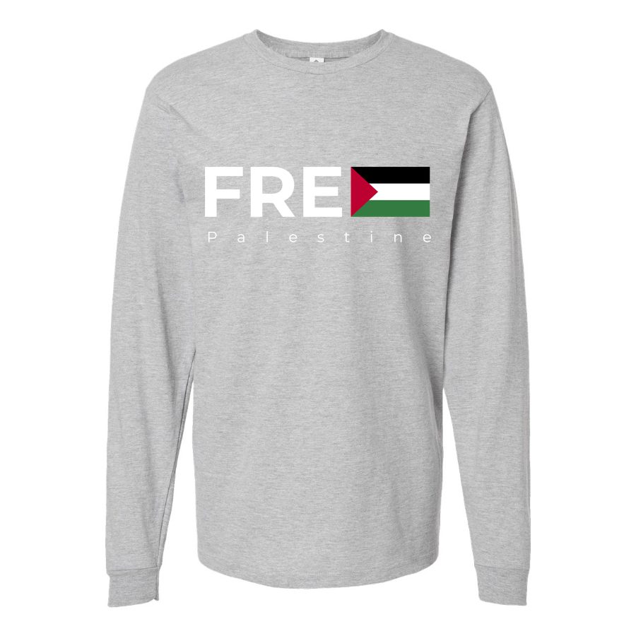 Men's Free Palestine white Long sleeves Cotton Blend T-Shirt - Gray